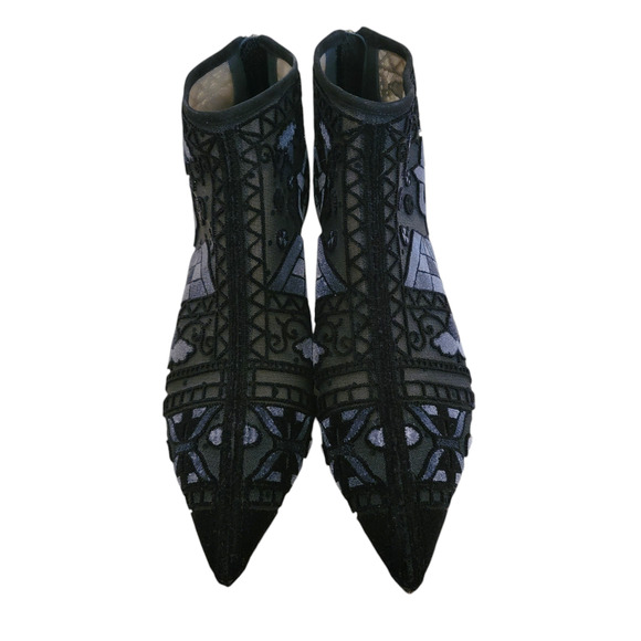 Christian Dior Black Dioreve Embroidered Pointed Toe Ankle Boots Velvet 8 38 - Picture 5 of 11